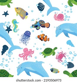 Marine life, fish, animals bright seamless pattern. sea travel, underwater diving animal tropical fish. Jellyfish, whale, shark, seahorse, clown fish, dolphin, turtle emperor fish octopus stingray