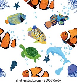 Marine life, fish, animals bright seamless pattern. sea travel, underwater diving animal tropical fish. Jellyfish, whale, shark, seahorse, clown fish, dolphin, turtle emperor fish octopus stingray