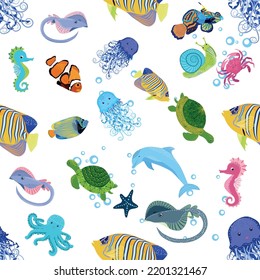 Marine life, fish, animals bright seamless pattern. sea travel, underwater diving animal tropical fish. Jellyfish, whale, shark, seahorse, clown fish, dolphin, turtle emperor fish octopus stingray