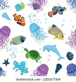 Marine life, fish, animals bright seamless pattern. sea travel, underwater diving animal tropical fish. Jellyfish, whale, shark, seahorse, clown fish, dolphin, turtle emperor fish octopus stingray