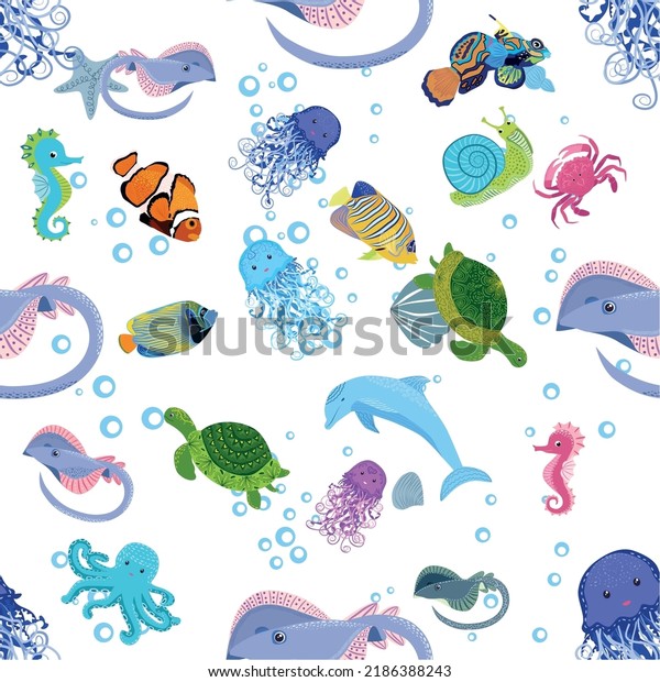 Marine life, fish, animals bright seamless\
pattern. sea travel, underwater diving animal tropical fish.\
Jellyfish, whale, shark, seahorse, clown fish, dolphin, turtle\
emperor fish octopus\
stingray