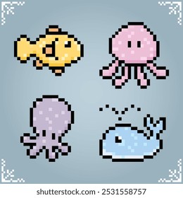 Marine life, fish, jellyfish, octopus and whales in 8 bit pixel art. Icons for retro games in vector illustrations.