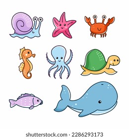 Marine life. Fish and shellfish. Vector doodle illustration for kids. Set.