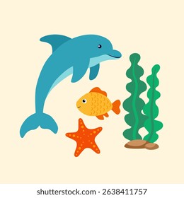 Marine Life. Flat Summer Sea Animals Illustration