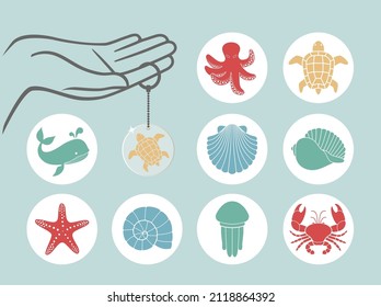 Marine life flat vector illustration. Design templates for round keychain. Dolphin, whale, sea turtle, shell, coral, octopus jellyfish