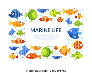 Marine Life Frame, Cute Colorful Fishes Border Template with Space for Text Vector Illustration
