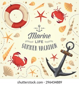 Marine life frame. Summer vacation. Vector illustration. 