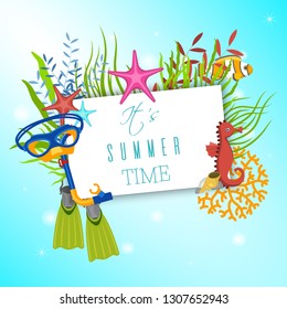 Marine life frame vector illustration. It's summer time banner, poster. Water mask with flippers. Underwater elements, seaweed and moss, jsea horse and zebrafish cartoon.