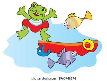 marine life, frog, fishes and boat, vector illustration