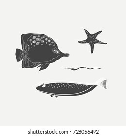 vector de escala de grises de la vida marina