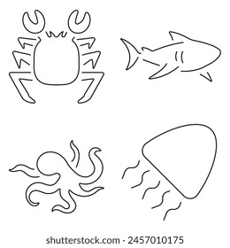Marine life group of black icons on a white background. Vector illustration.