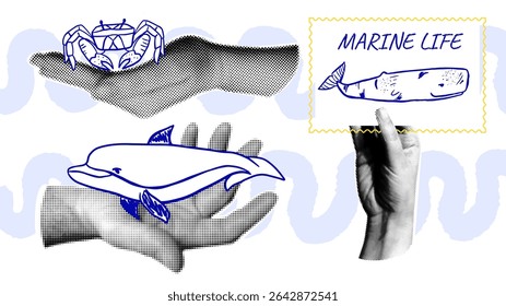 Marine Life halftone collage design. Vintage hand holding dolphin, wave with crab and stamp with whale. Graphic elements