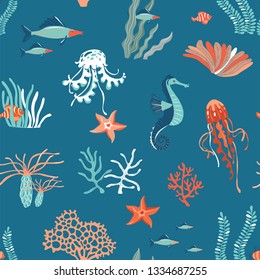 Marine Life hand drawn flat vector seamless pattern background. Underwater animals wildlife. Vector illustration. Marine creatures, jellyfishes, starfish fish, corals cartoon clipart