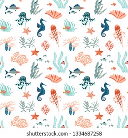 Marine Life hand drawn flat vector seamless pattern background. Underwater animals wildlife. Vector illustration. Marine creatures, jellyfishes, starfish fish, corals cartoon clipart