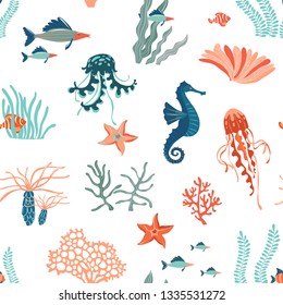 Marine Life hand drawn flat vector seamless pattern background. Underwater animals wildlife. Vector illustration. Marine creatures, jellyfishes, starfish fish, corals cartoon clipart