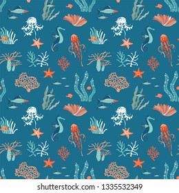 Marine Life hand drawn flat vector seamless pattern background. Underwater animals wildlife. Vector illustration. Marine creatures, jellyfishes, starfish fish, corals cartoon clipart