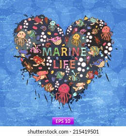 Marine life heart background of colorful blots, inks,themed design with elements