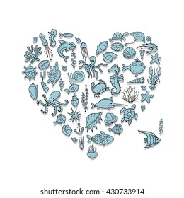Marine life, heart shape sketch for your design