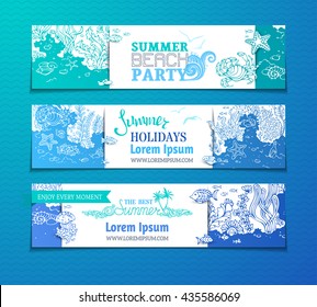 Marine life horizontal banners set. Various fish, starfish, crab, shell, jellyfish, seaweed, bottle with a letter and key on the bottom. There is place for your text on white paper. Vector template.