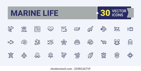 Marine Life icon collection. Included nautical, aquarium, linear, underwater, symbol and more. Sea Life icons set in linear style. Flat icon.   Minimalist line and solid icons collections.