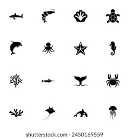 Marine Life icon - Expand to any size - Change to any colour. Perfect Flat Vector Contains such Icons as shark, shrimp, shell, turtle, dolphin, octopus, coral, stingray, sea horse, whale, jellyfish