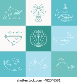 Marine life icon set. Collection of creative line style design elements. Minimalistic outlined sea animals icons on a colorful background of sea green tints
