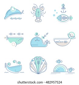 Marine life icon set. Collection of creative line style design elements. Minimalistic stroked sea animals icons.