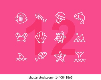 Marine life icon. Set of line icons on white background. Crab, turtle, seashell, starfish, shark fin. Sea concept. Vector illustration can be used for topics like aquarium, fauna, travel