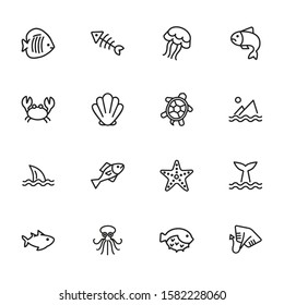 Marine life icon. Set of line icons on white background. Crab, turtle, seashell, starfish, shark fin. Sea concept. Vector illustration can be used for topics like aquarium, fauna, travel