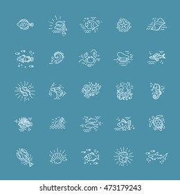 Marine life icon set. Nautical design elements isolated on background.