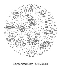 Marine life icon set. Nautical design elements isolated on background