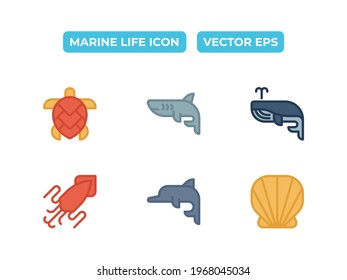 Marine life icon vector, illustration set in trendy style. Shark, whale, shell, sea turtle, dolphin, and squid. Suitable for many purposes.