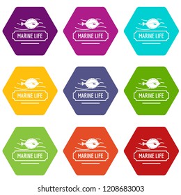 Marine life icons 9 set coloful isolated on white for web