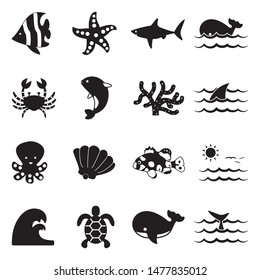 Marine Life Icons. Black Flat Design. Vector Illustration.
