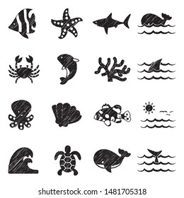 Marine Life Icons. Black Scribble Design. Vector Illustration.