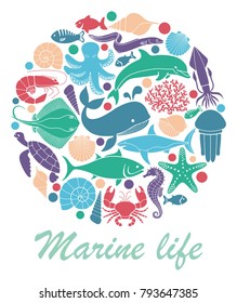 Marine life icons in the form of a circle