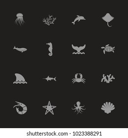 Marine Life icons - Gray symbol on black background. Simple illustration. Flat Vector Icon.