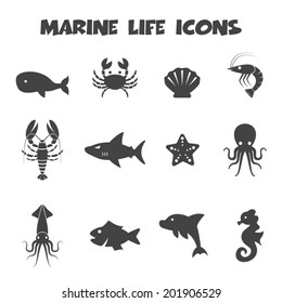 marine life icons, mono vector symbols