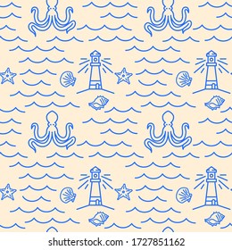 Marine life icons pattern. Ocean seamless background. Seamless pattern vector illustration