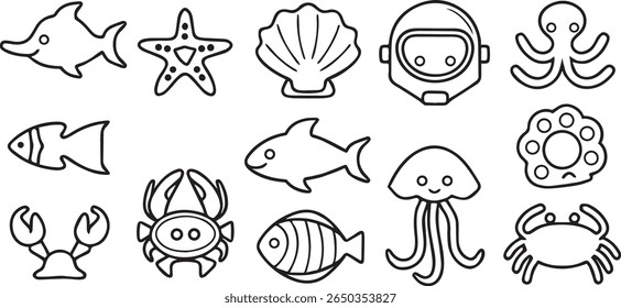 Marine Life Icons, sea animals, jellyfish, octopus, fish, editable black stroke line icon set