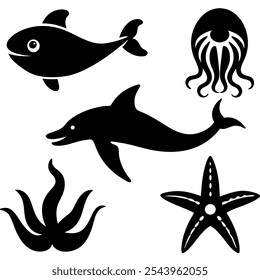 Marine life icons set. Inhabitants of the ocean, Sea life set of silhouettes. Vector illustration on white background.