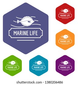 Marine life icons vector colorful hexahedron set collection isolated on white 