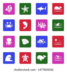 Marine Life Icons. White Flat Design In Square. Vector Illustration.