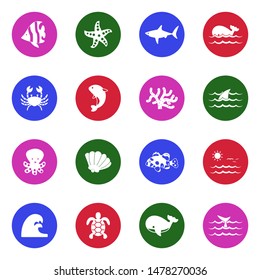 Marine Life Icons. White Flat Design In Circle. Vector Illustration.