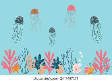 Marine life illustration, animals of the underwater world, vector sea corals on the blue background, vector jellyfish  