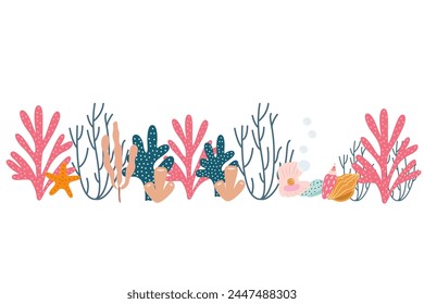 Marine life illustration, animals of the underwater world, vector sea corals and seaweed on the white background