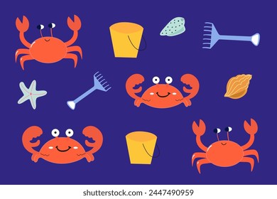 Marine life illustration, animals of the underwater world, vector cartoon red crabs, starfish vector, seashell vector, cartoon animal style, sandbox, rake and bucket svg
