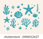 Marine life illustration pattern vector coral, shell, scallop, starfish, deep sea background layout silhouette printable