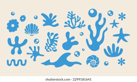 Patrón de ilustraciones de la vida marina vector corral, concha, vieira, pez estrella, silueta de disposición de fondo del mar profundo imprimible
