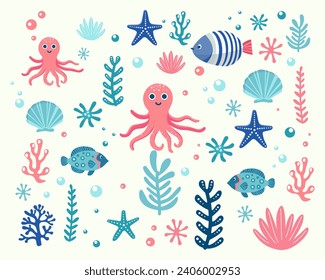 Marine life illustration pattern vector coral, shell, scallop, starfish, deep sea background layout silhouette printable